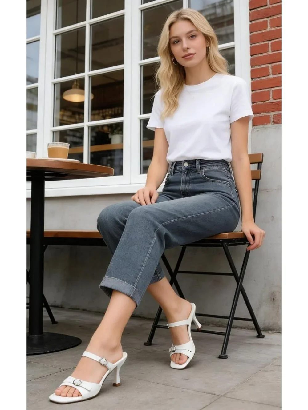 Women's White Square Open Toe Low Kitten Heel Buckle Strap Casual Comfort Sandal
